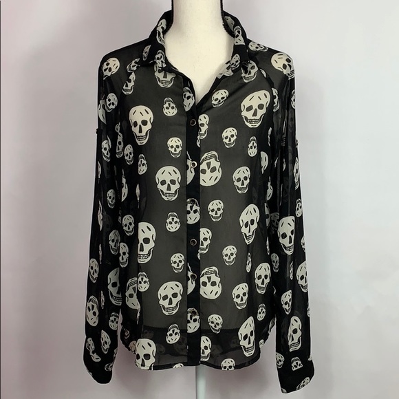 Fun & Flirt Tops - Fun & Flirt skull print long (adjustable) sleeves black sheer button down top.